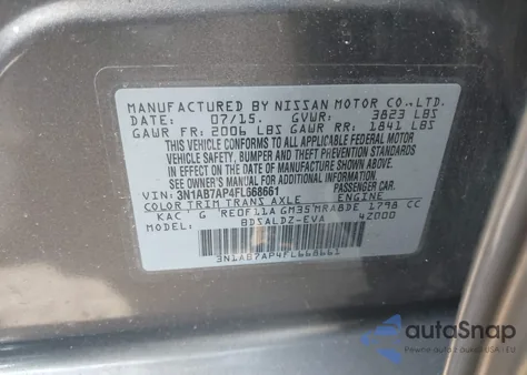 2015 Nissan Sentra Sv из США, поврежденный, VIN 3N1AB7AP4FL668661